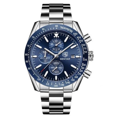 Montre Bracelet en Argent Quartz pour Hommes Etanche Chronographe