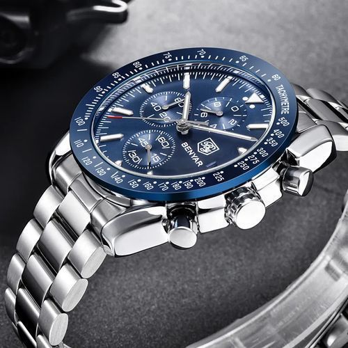 Montre Bracelet en Argent Quartz pour Hommes Etanche Chronographe