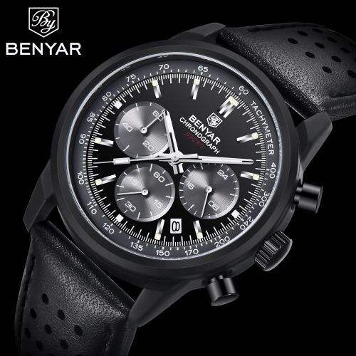 Montre Chronographe pour Homme avec Bracelet en Cuir Noir