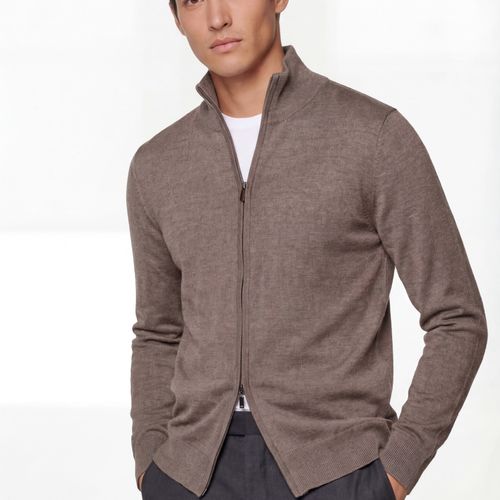 Zip Knit Cardigan – Taupe – 100% Extra-fine Merino Wool