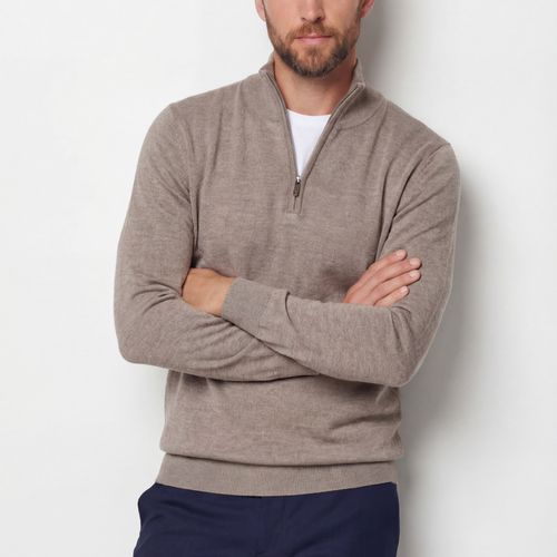 Half-zip Knit Sweater – Taupe – 100% Extra-fine Merino Wool