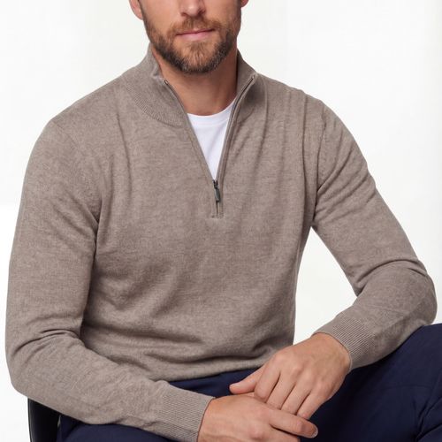 Half-zip Knit Sweater – Taupe – 100% Extra-fine Merino Wool