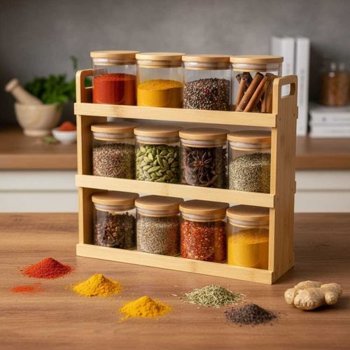 Rangement à épices et condiments 12 pièces -organisateur à boîtes à épices avec couvercle en bambou hermétique
