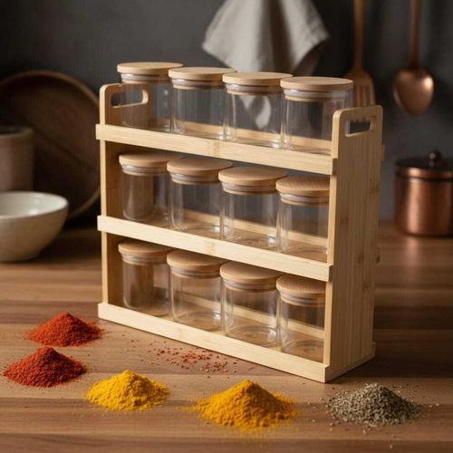 Rangement à épices et condiments 12 pièces -organisateur à boîtes à épices avec couvercle en bambou hermétique