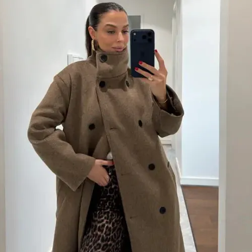 Manteau Long Ceinturé à Col Montant 