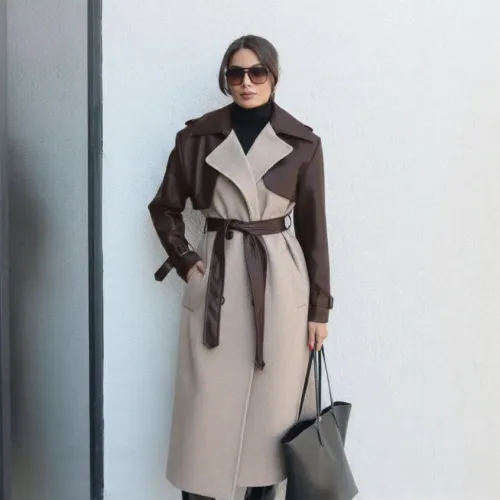 Manteau Long À Chevrons / Détails En Cuir 