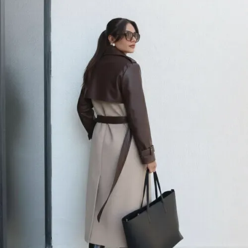 Manteau Long À Chevrons / Détails En Cuir 