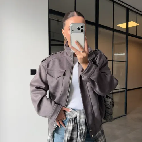 Blouson Bomber En Daim À Col Montant
