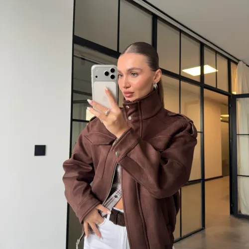 Blouson Bomber En Daim À Col Montant