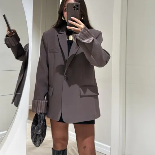 Blazer Oversize À Doublure Rayée - Taupe