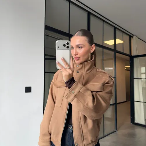 Blouson Bomber En Daim À Col Montant - Tabac