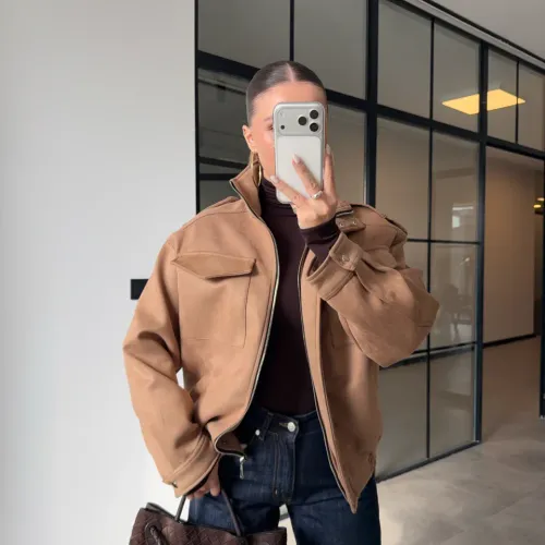 Blouson Bomber En Daim À Col Montant