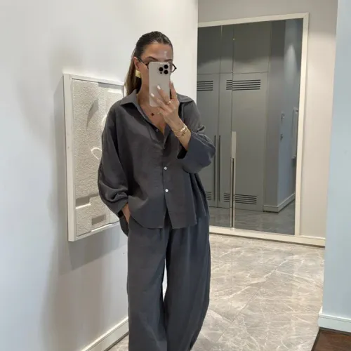 Ensemble Chemise Oversize, Pantalon Ample - Greige