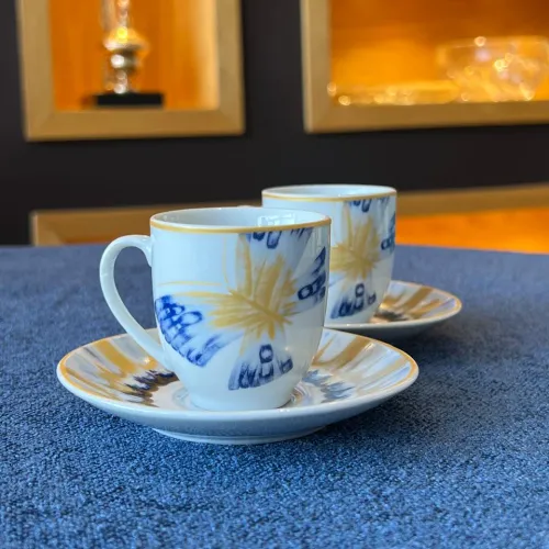 Ensemble de 6 tasses et 6 sous-tasses à café noires – Blue Butterfly
