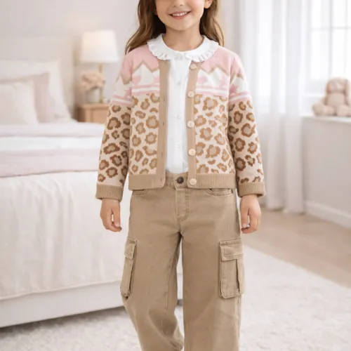 Ensemble Fille Cardigan Imprimé Léopard & Pantalon Cargo