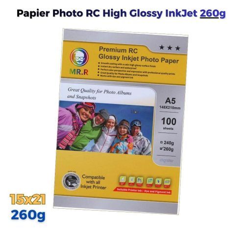 Papier Photo Rc Haute Brillance 260g Format A5 (15 X 21 Cm) Jet D'encre