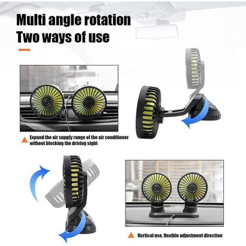Ventilateur De Voiture Double Tête 360° – Usb 12v/24v, Silencieux Et Réglable