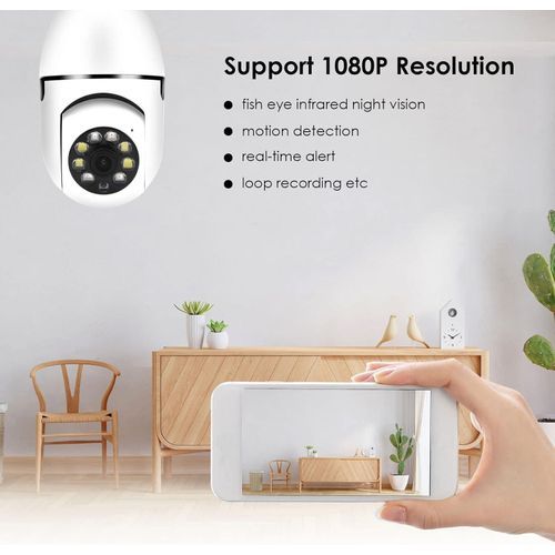 Ampoule Caméra De Surveillance Wifi 360° E27– Vision Nocturne Hd 1080p, Détection De Mouvement et Audio Bidirectionnel