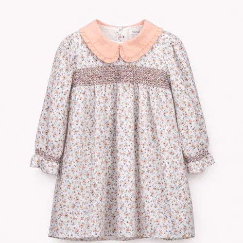 Robe Bébé Fille Imprimé Fleuri & Col Contrasté Pêche