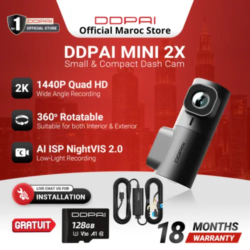 Mini Caméra Voiture 2K – 2x Caméras + Carte 128GB + Hardwire Kit