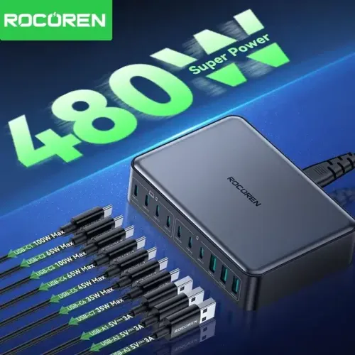 Rocoren Chargeur Rapide 480w – Station D’alimentation Usb-c Gan Portable