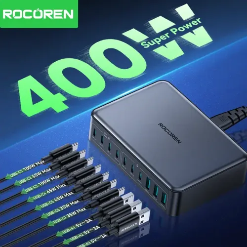 Rocoren Chargeur Rapide 400w – Station D’alimentation Usb-c Gan Portable