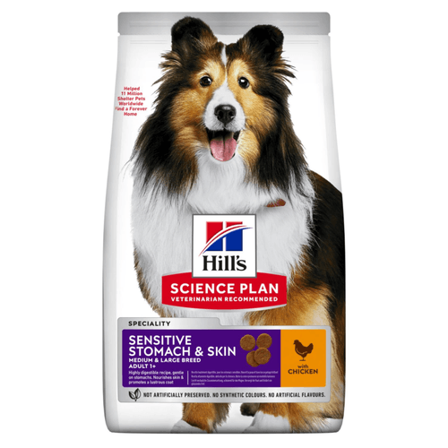 Hill’s Science Plan Aliment Pour Chien Adulte De Taille Medium Et Grande Sensitive Stomach And Skin Au Poulet 14kg + 2kg Gratuite
