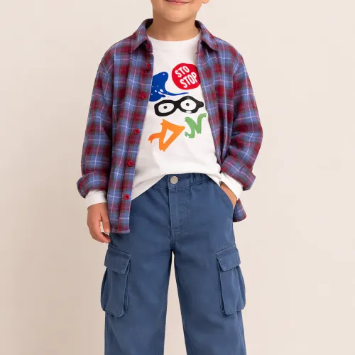 Ensemble Garçon Casual – T-shirt Imprimé, Chemise À Carreaux & Pantalon Cargo