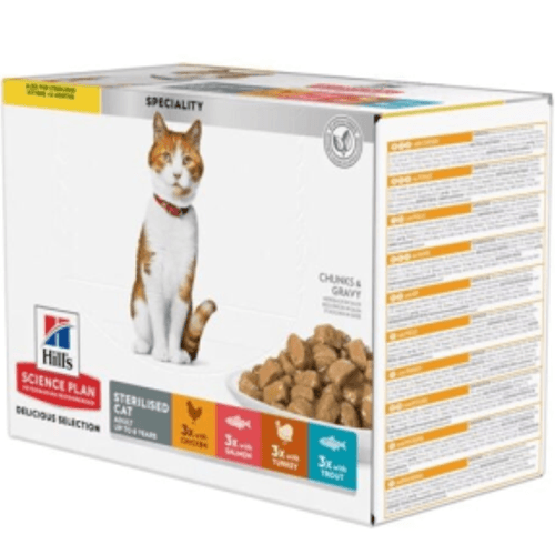 Hill’s Science Plan Sachets Pâtée Pour Chat Adulte Stérilisé (1-6) – Au Poulet À La Truite À La Dinde Au Saumon (12x85g)