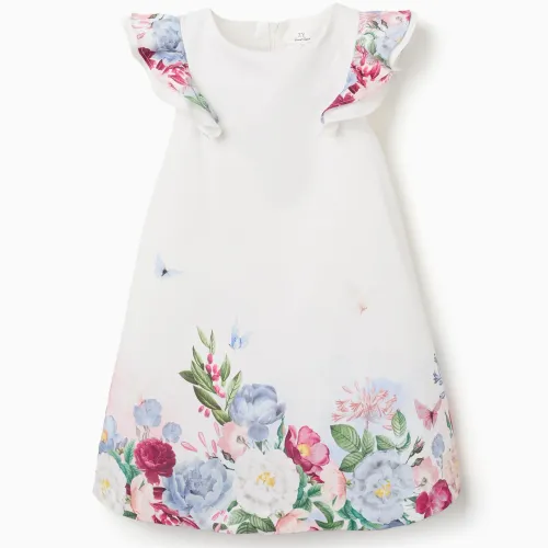 Cotton Dress With Flowers And Ruffled Sleeves