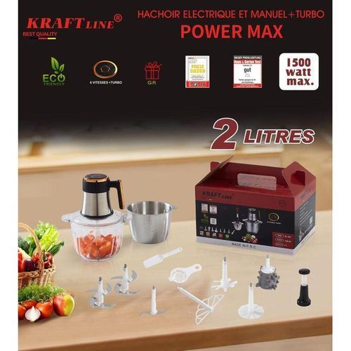 Kraft Line Robot Hachoir 2l 6 Vitesses 1500w Avec Deux Bols Inox/verre