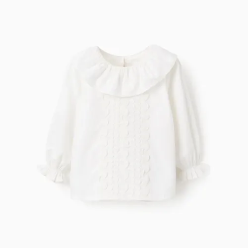 Cotton Twill Blouse with Wavy Ribbons for Baby Girls, White