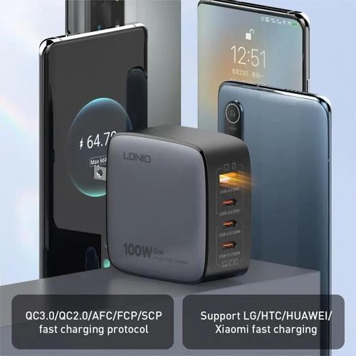 Ldnio Q408 Chargeur 100w Gan, Prise Ue, 1 Adaptateur Usb + 3 Type C, + Cable Type-c 100 W, Charge Rapide Pour 4 Appareils