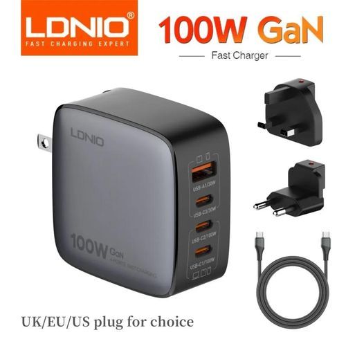 Ldnio Q408 Chargeur 100w Gan, Prise Ue, 1 Adaptateur Usb + 3 Type C, + Cable Type-c 100 W, Charge Rapide Pour 4 Appareils