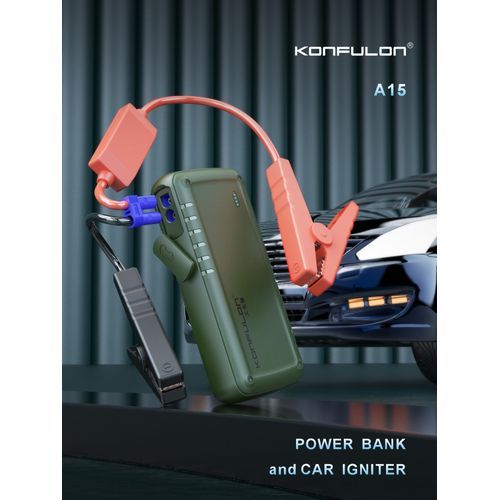 Konfulon Démarreur D'urgence De Saut De Voiture, Batterie D'alimentation, Avec Double Sortie Usb, Torche Led, Sos, Batterie D'alimentation 12v 9800mah