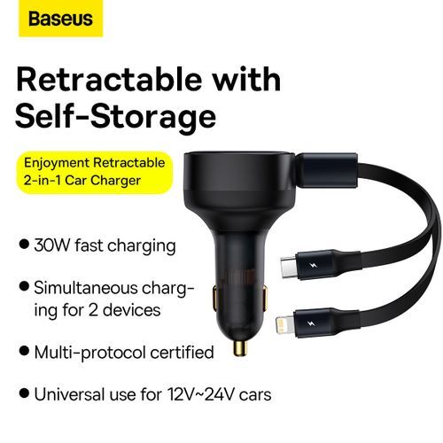Chargeur De Voiture 30w Avec Cable Intégré Rétractable Lightning + Type-c