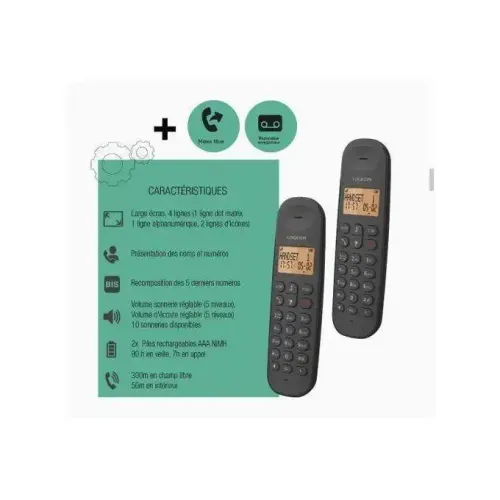 Logicom Téléphone Fixe Sans Fil Avec Répondeur Enregistreur - Duo - Téléphones Analogiques Et Dect - Noir