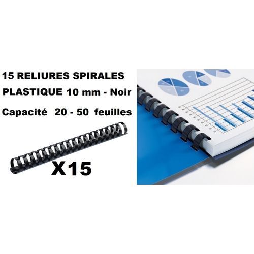 15 Reliures Spirales Plastique 10 Mm Noir, Capacité 20 À 50 Feuilles, 21 Anneaux