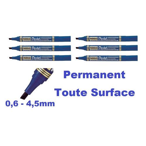 6 Feutres Marqueurs Permanents Bleus, Pointe Biseautée Moyenne, Toute Surface