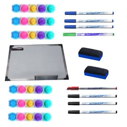 Tableau Magnétique Blanc + 8 Feutres Effaçables + 30 Aimants + 2 Brosses