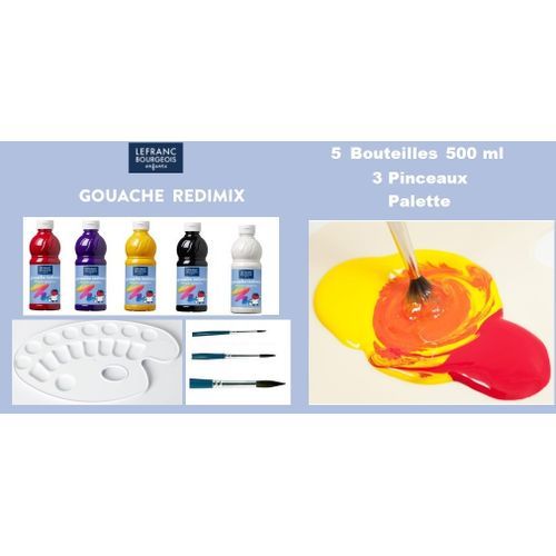 Lefranc & Bourgeois Kit 5 Bouteilles Gouache Couleurs Primaire Redimix 500ml,3 Pinceaux,palette