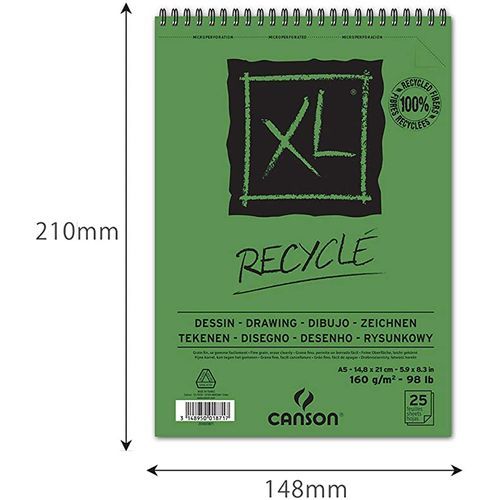 Canson Carnet Bloc Dessin 160g´xl Recycled´ Spiralés Petit Côté, Format A5