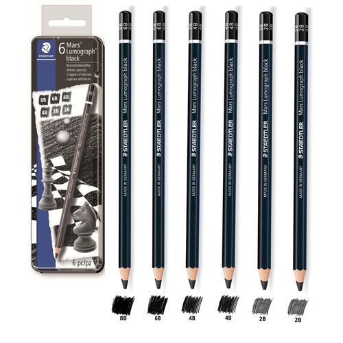 Boîte Métal 6 Crayons Graphite Mars Lumograph Black – Gradations Assorties