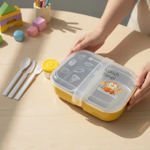Lunch Box à Deux Compartiments on Inox -Couverts en Plastique Alimentaire-Boite à Sauce -Idéal École Crèche & Université 21/15cm