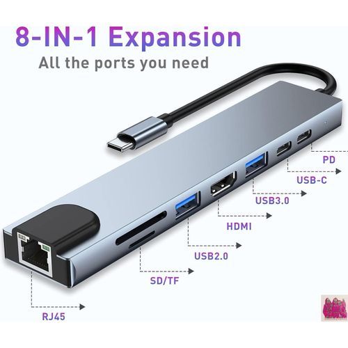 Hub Usb C 8-en-1, Adaptateur Usb C Vers 4k, Rj45 Ethernet, Pd 100w
