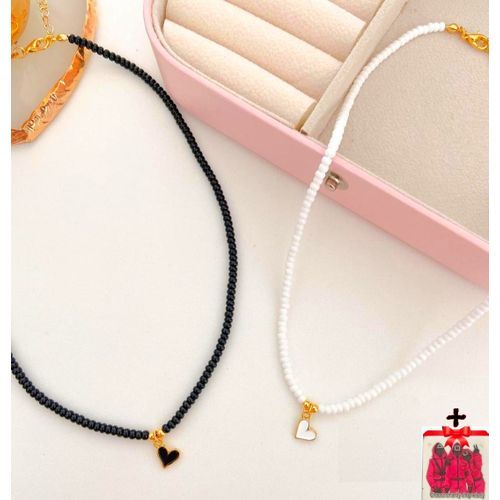 Pack De 2 Colliers Black And White Heart + Sticker Choose