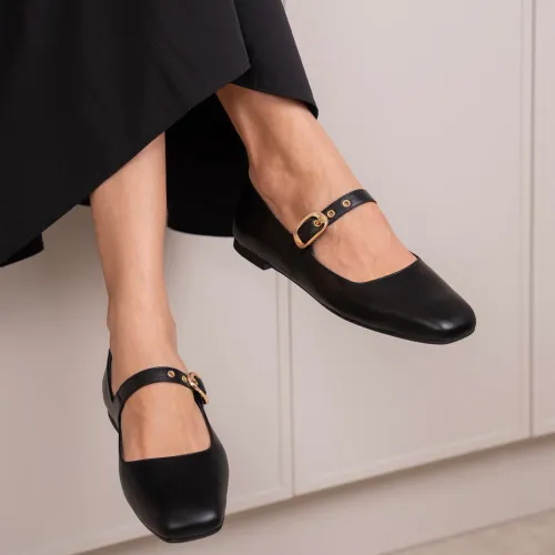 Ballerines Mary Jane En Cuir – Noir Doré Signature