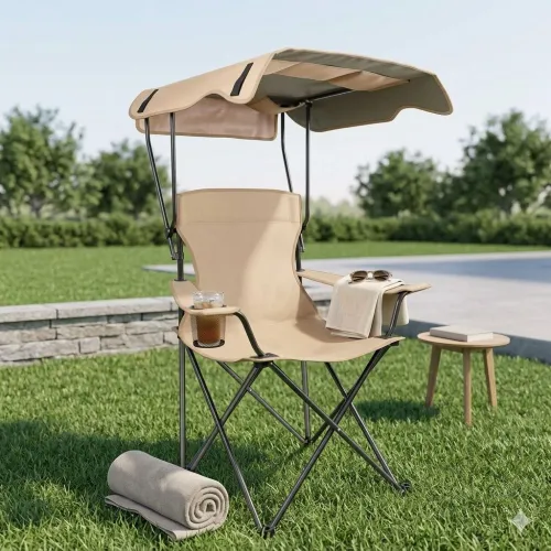 Chaise De Camping Pliante Avec Auvent Pare-soleil – Cadre Aluminium Et Porte-gobelet