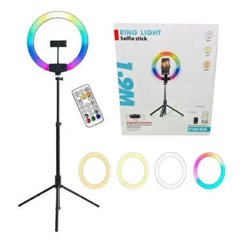 Ring Light Professionnel Rgb Avec Support 1.9m – Lumière Led Réglable Télécommande Incluse, Couleur Et Design Aléatoire