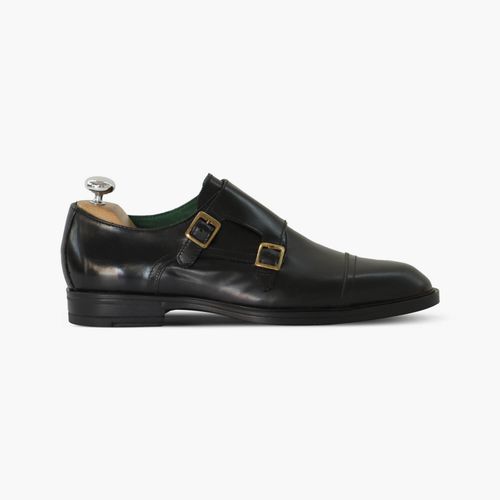 Mens Black Polished Leather Double-buckle Shoes